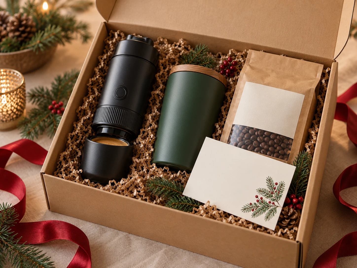 V&aacute;nočn&iacute; bal&iacute;ček Winter Coffee Box s espresso k&aacute;vovarem, zelen&yacute;m termohrnkem, k&aacute;vou a kartičkou